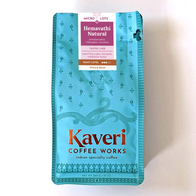 Amruthavarshini Hemavathi Natural. Single origin, Specialty Indian Coffee. Tasting notes include mixed berry jam, marzipan, wildflower honey, smooth and balanced cup, harmonious blend of fruity and nutty sweetness.