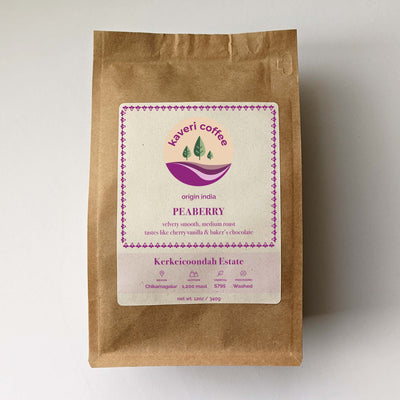Single origin, Specialty Indian Coffee. Tasting notes include cherry vanilla, baker's chocolate, velvety mouthfeel.