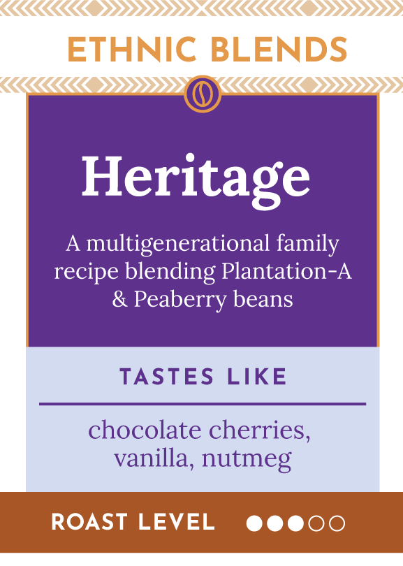 Single origin, Specialty Indian Coffee. Heritage blend of Plantation-A Peaberry coffee. Tasting notes include chocolate cherry caramel, rich smooth mouthfeel.