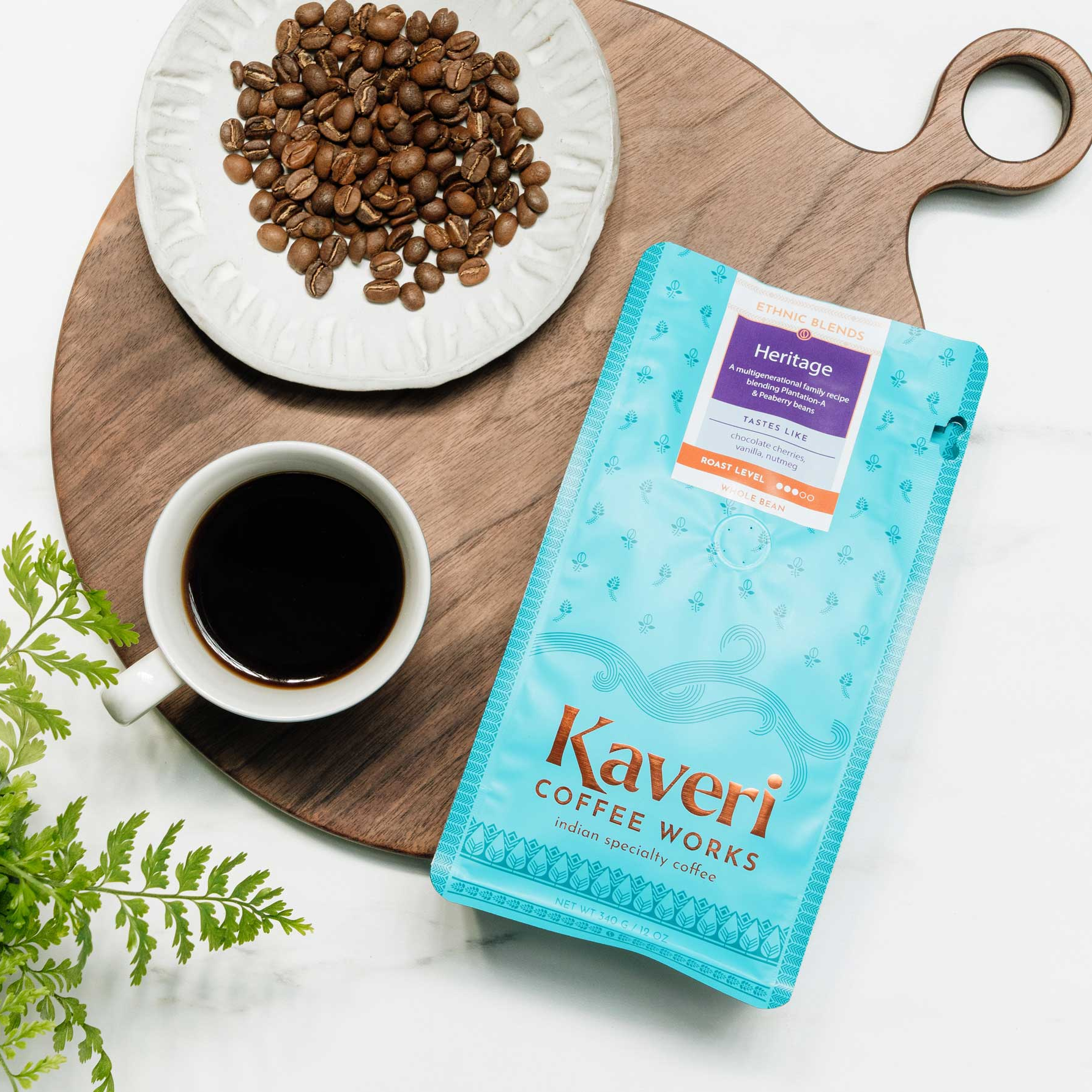 Single origin, Specialty Indian Coffee. Heritage blend of Plantation-A Peaberry coffee. Tasting notes include chocolate cherry caramel, rich smooth mouthfeel.