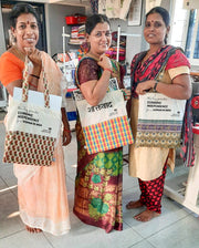Sari Tote bag: a vibrant one-of-a-kind repurposed sari shopping bag made from 100% organic cotton and upcycled sari fabric. 