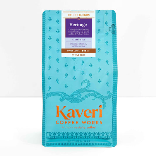 Single origin, Specialty Indian Coffee. Heritage blend of Plantation-A Peaberry coffee. Tasting notes include chocolate cherry caramel, rich smooth mouthfeel.