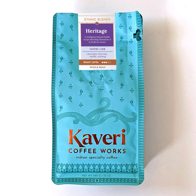 Single origin, Specialty Indian Coffee. Heritage blend of Plantation-A Peaberry coffee. Tasting notes include chocolate cherry caramel, rich smooth mouthfeel.