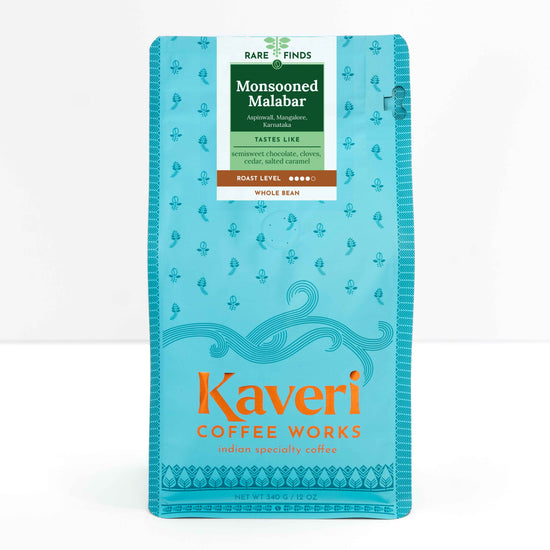 Single origin, Specialty Indian Coffee. One of the lowest acidity coffees,SIngle Origin, Specialty India, Monsooned Malabar is a smooth mellow coffee with aromas of sandalwood and flavors of semisweet chocolate, cloves, cedar, and salted caramel.