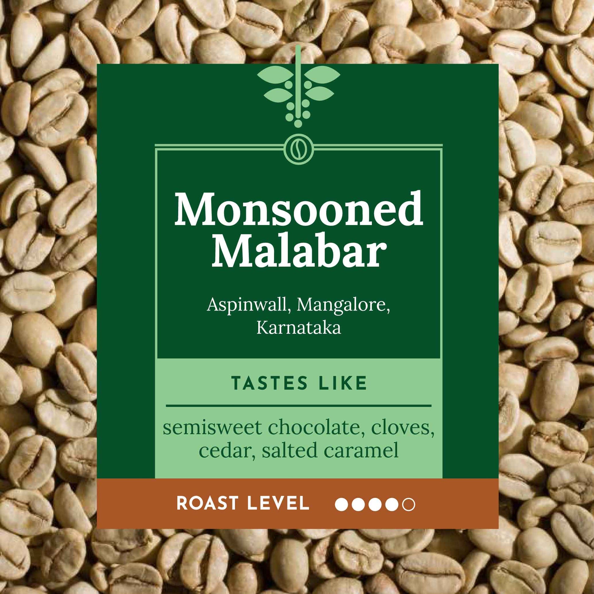 Single origin, Specialty Indian Coffee. One of the lowest acidity coffees,SIngle Origin, Specialty India, Monsooned Malabar is a smooth mellow coffee with aromas of sandalwood and flavors of semisweet chocolate, cloves, cedar, and salted caramel.