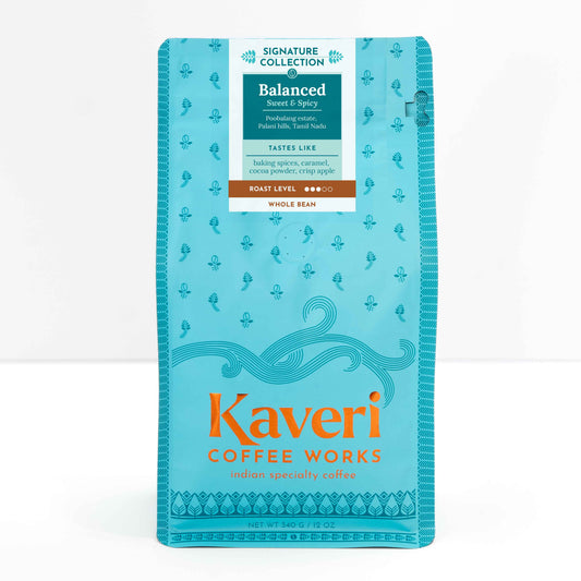 Single origin, Specialty Indian Coffee. Tasting notes include baking spices, crisp apples, balanced caramel sweetness. 