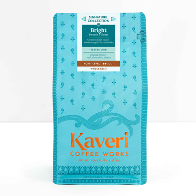 Single origin, Specialty Indian Coffee. Tasting notes include peanut brittle, malt chocolate with a citrus aftertaste.