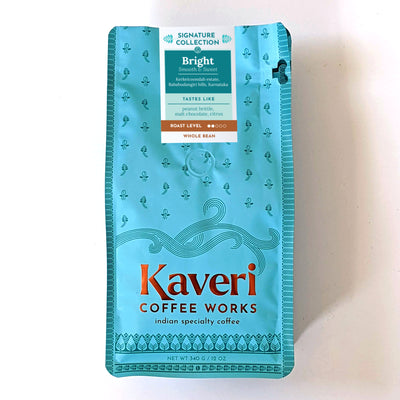 Single origin, Specialty Indian Coffee. Tasting notes include peanut brittle, malt chocolate with a citrus aftertaste.